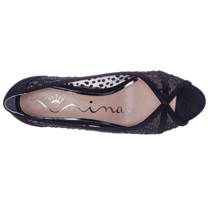 Flavia Black Satin Mid-Heel Peep Toe Pump | Nina Shoes