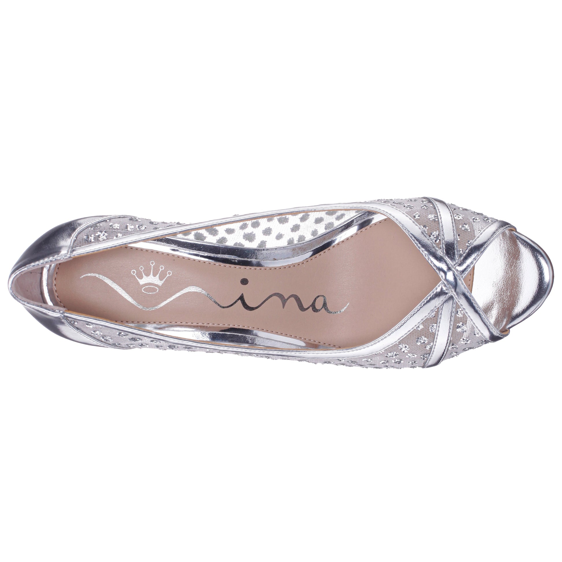 Flavia Silver Metallic Mid-Heel Peep Toe Pump | Nina Shoes
