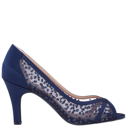 Flavia Blue Satin Mid-Heel Peep Toe Pump | Nina Shoes