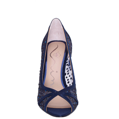 Flavia Blue Satin Mid-Heel Peep Toe Pump | Nina Shoes