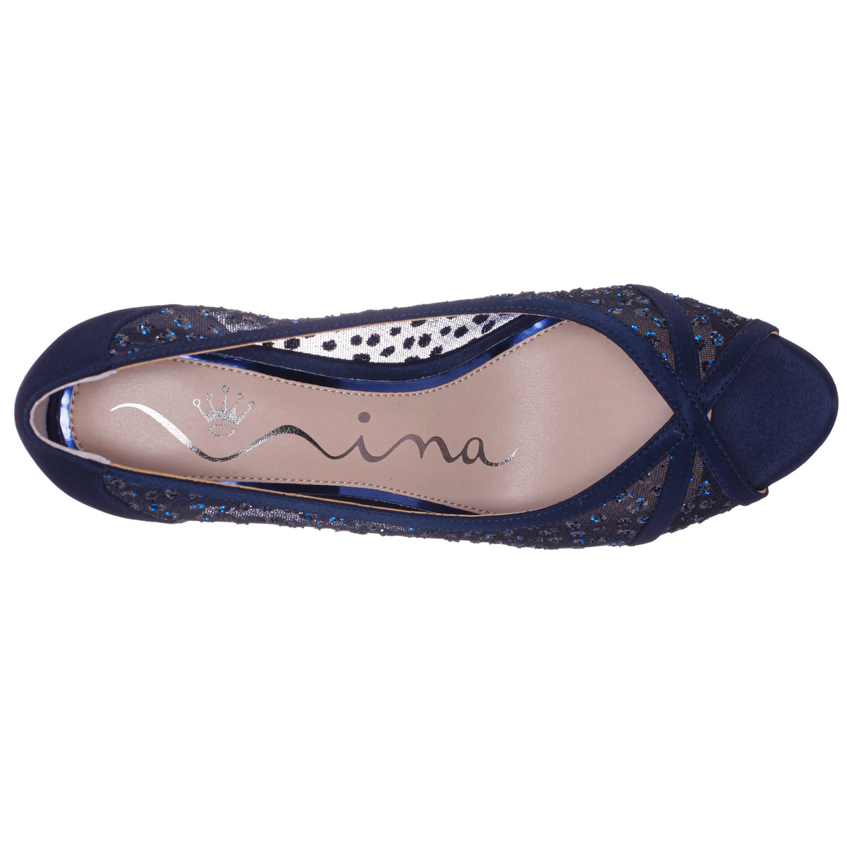 Flavia Blue Satin Mid-Heel Peep Toe Pump | Nina Shoes