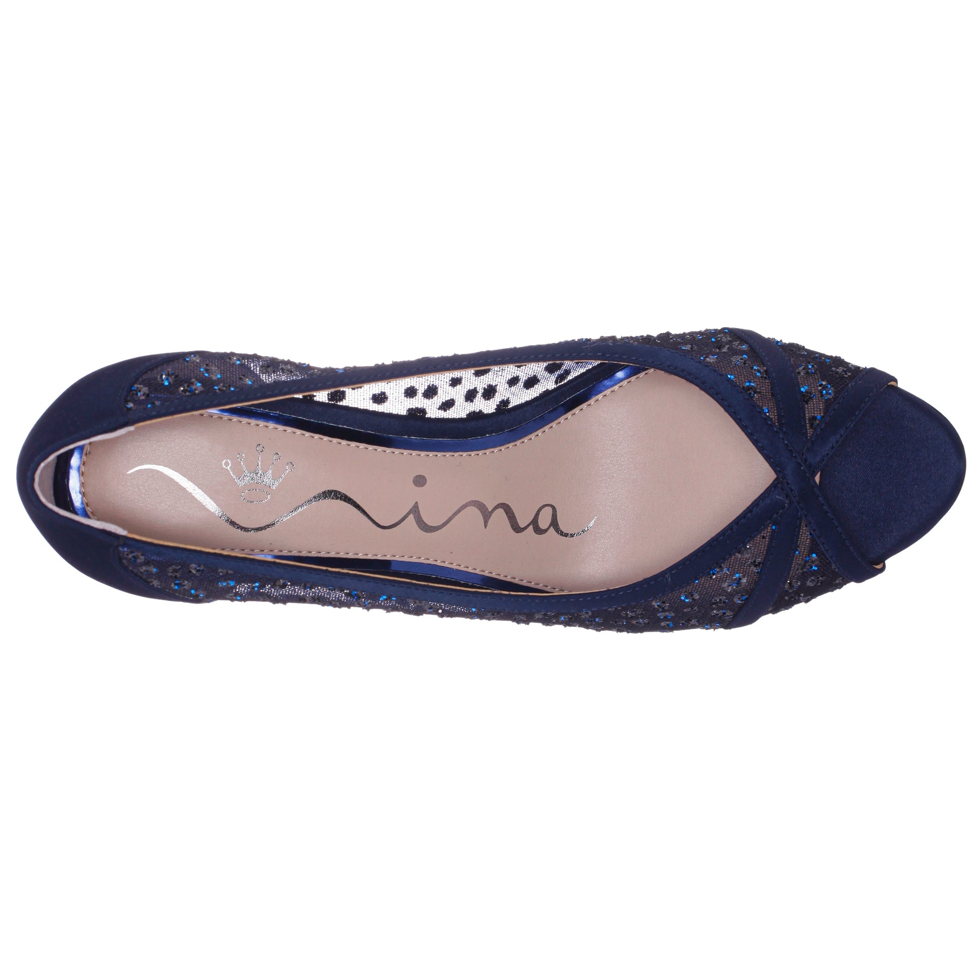 Flavia Blue Satin Mid-Heel Peep Toe Pump | Nina Shoes