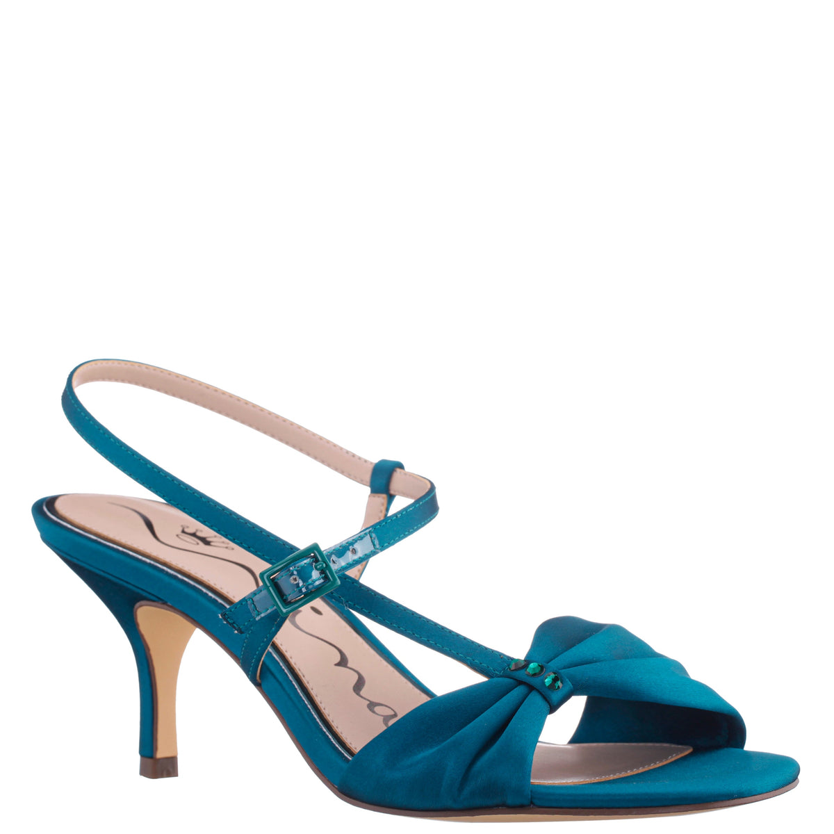 Brigida Blue Satin Mid-Heel Sandal | Nina Shoes