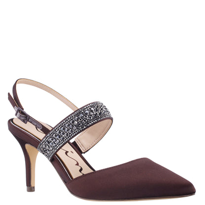Trista Brown Satin Sling Back Mid-Heel Pumps | Nina Shoes