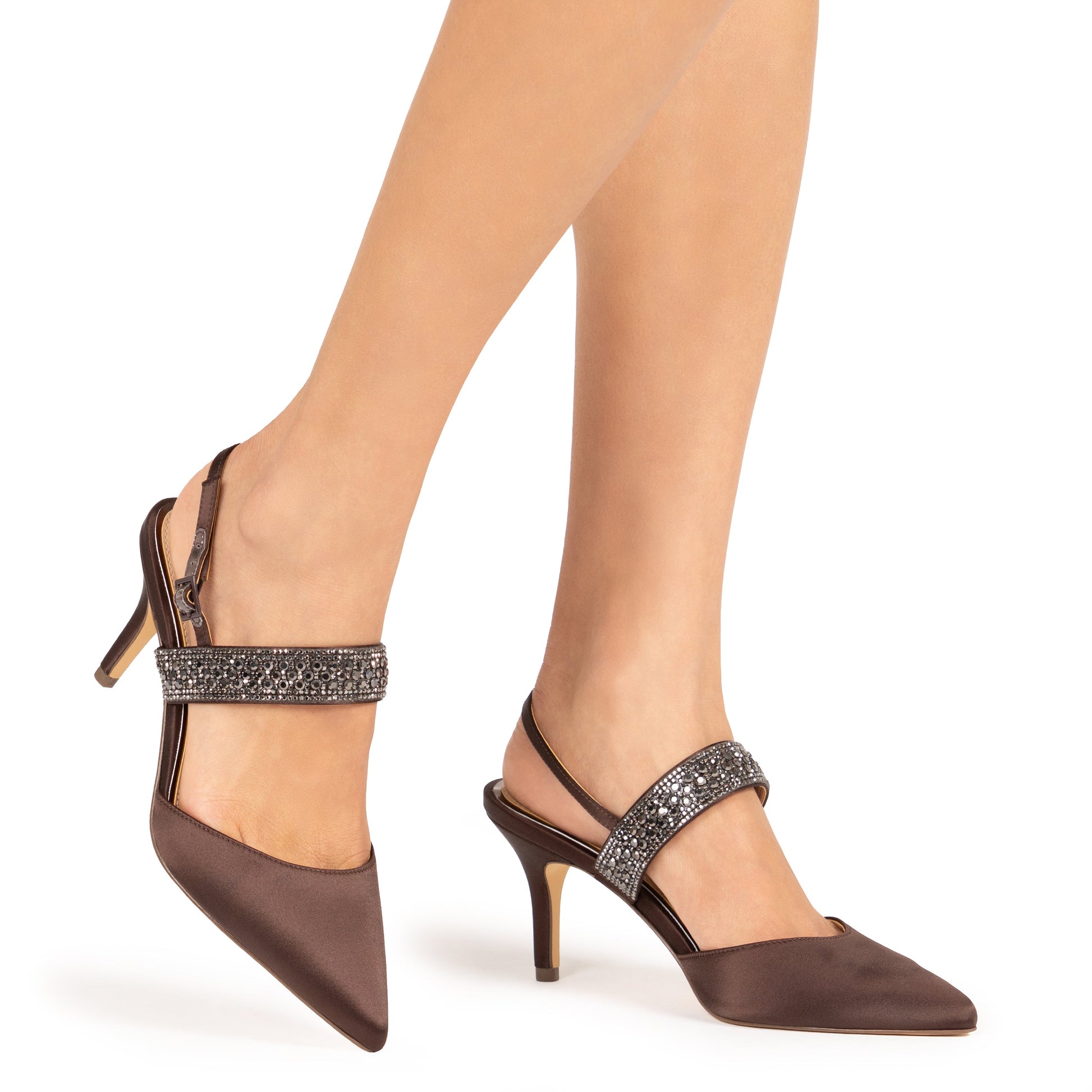 Trista Brown Satin Sling Back Mid-Heel Pumps | Nina Shoes
