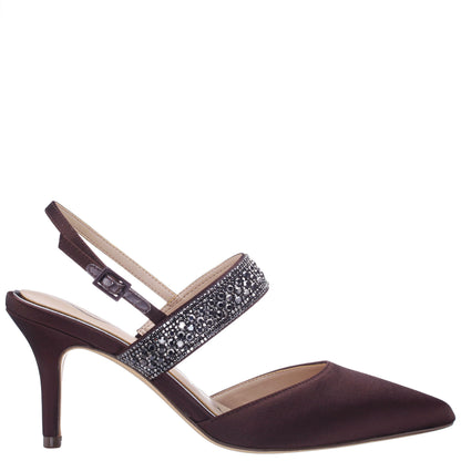 Trista Brown Satin Sling Back Mid-Heel Pumps | Nina Shoes