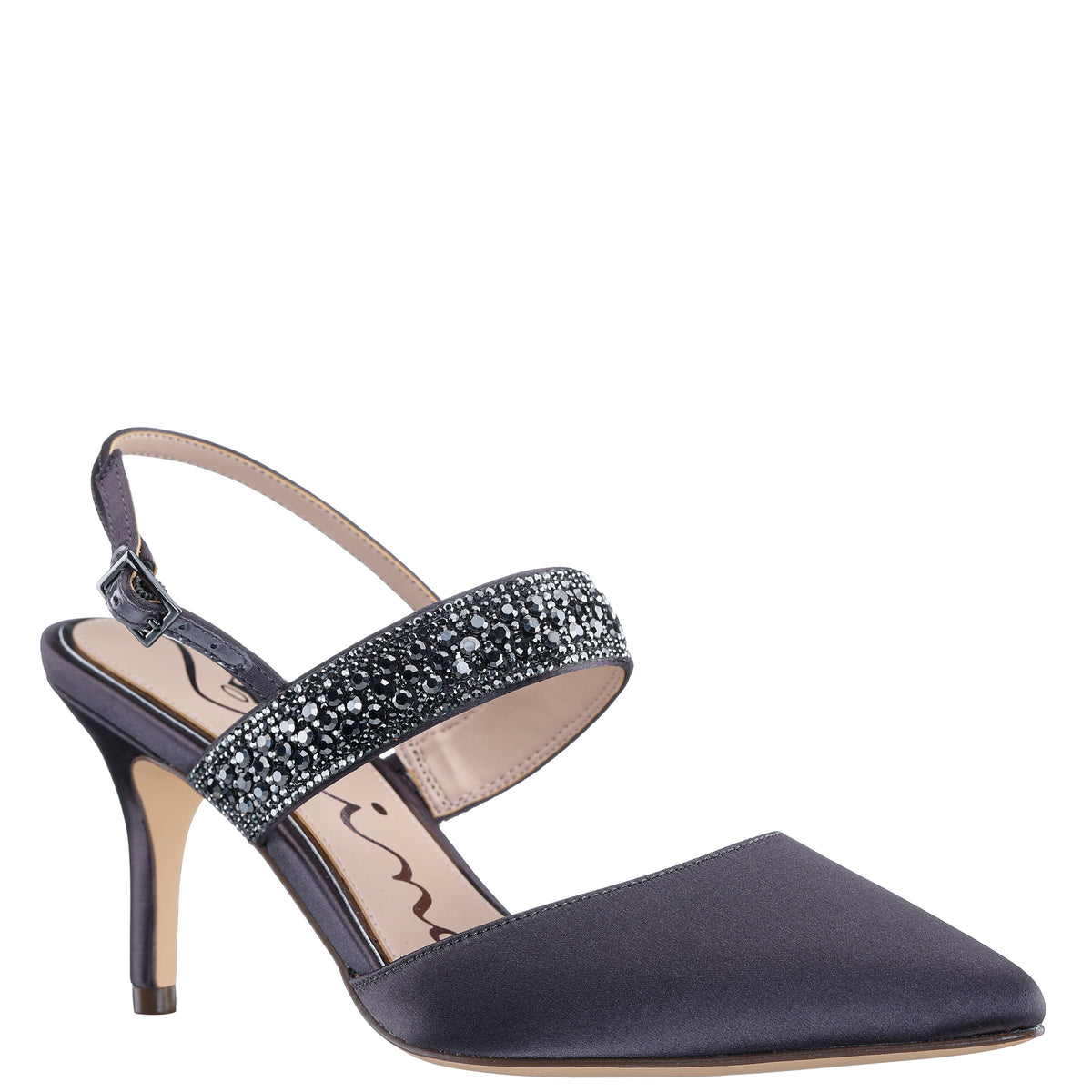 Trista Grey Satin Sling Back Mid-Heel Pumps | Nina Shoes