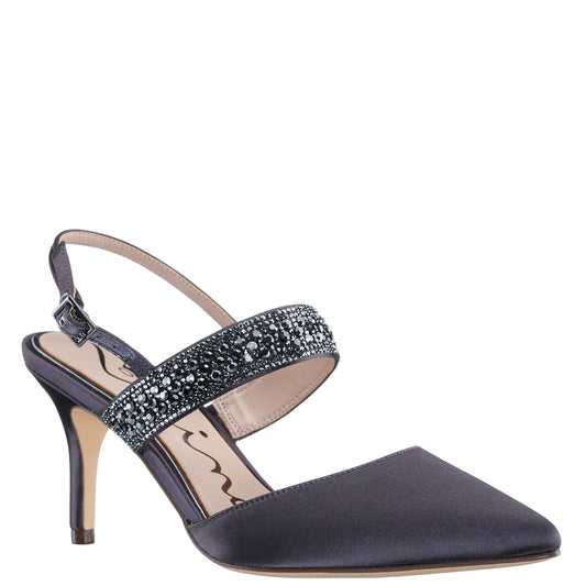 Trista Grey Satin Sling Back Mid-Heel Pumps | Nina Shoes