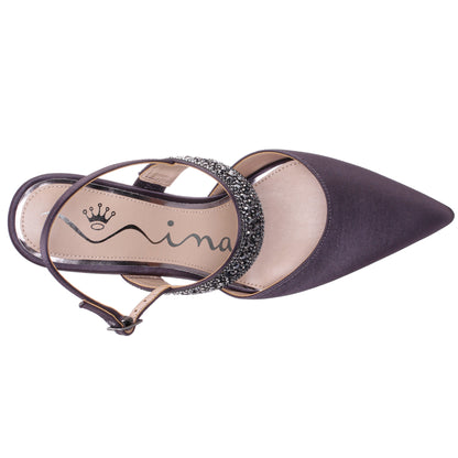 Trista Grey Satin Sling Back Mid-Heel Pumps | Nina Shoes