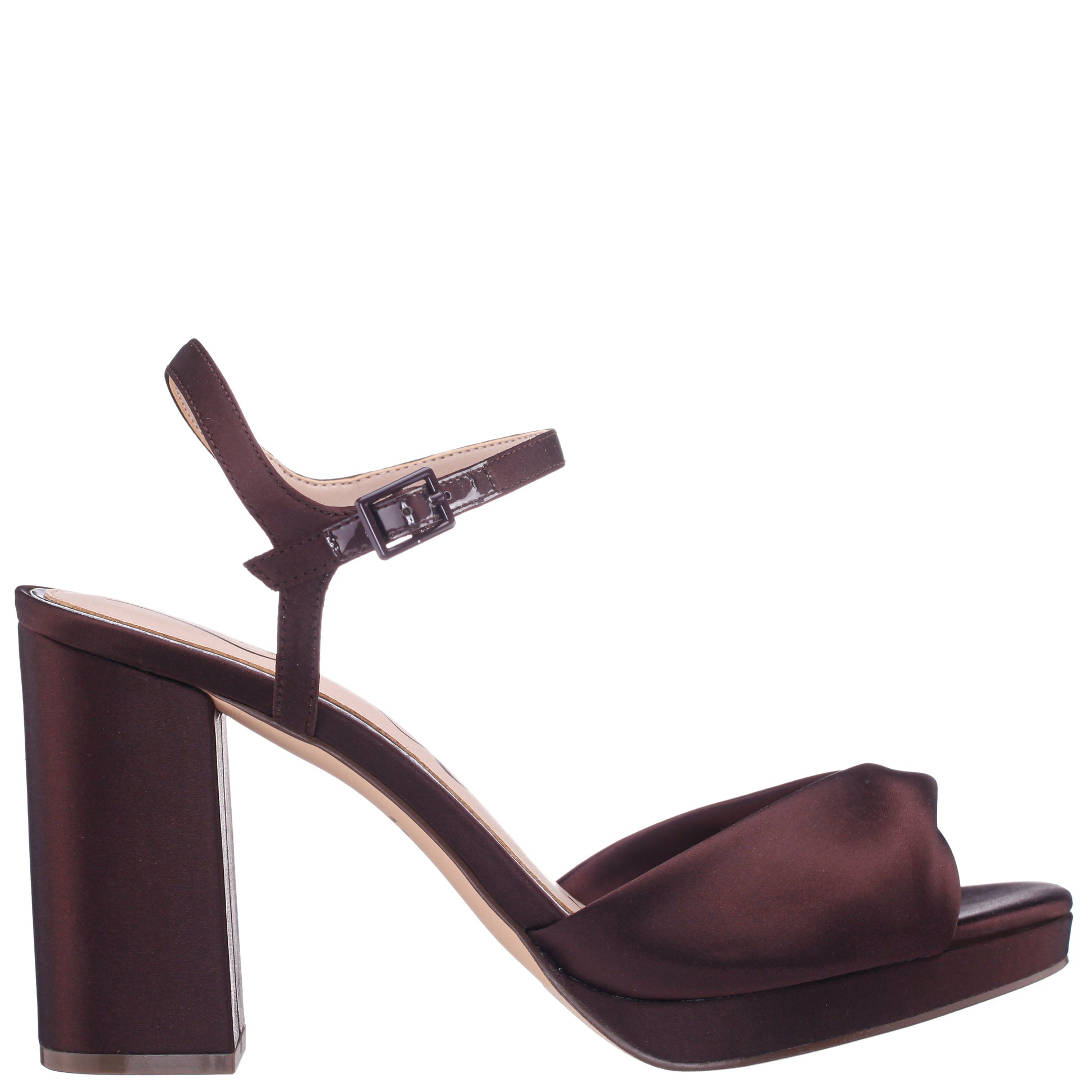 Suzon Brown Satin Block Mid-Heel Platform Sandal | Nina Shoes
