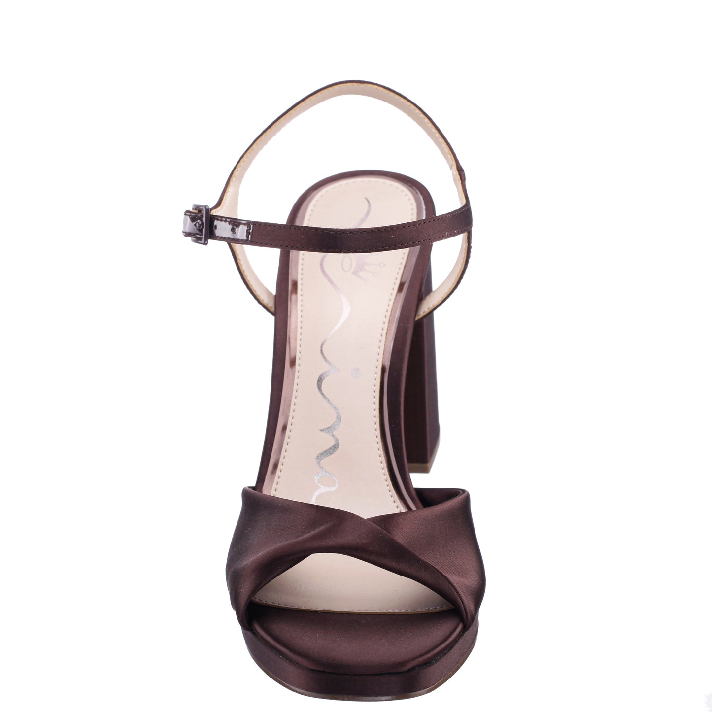 Suzon Brown Satin Block Mid-Heel Platform Sandal | Nina Shoes