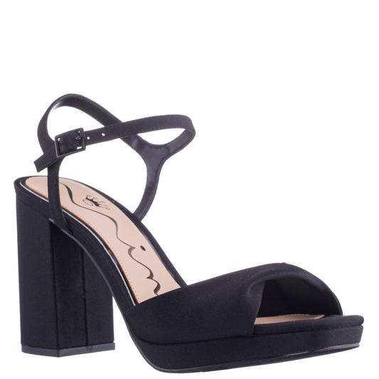 Suzon Black Satin Block Mid-Heel Platform Sandal | Nina Shoes