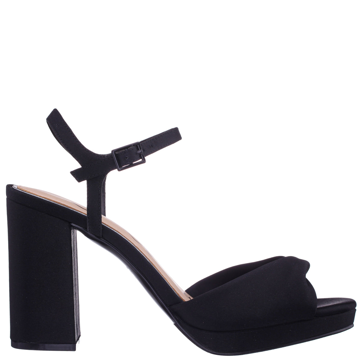 Suzon Black Satin Block Mid-Heel Platform Sandal | Nina Shoes