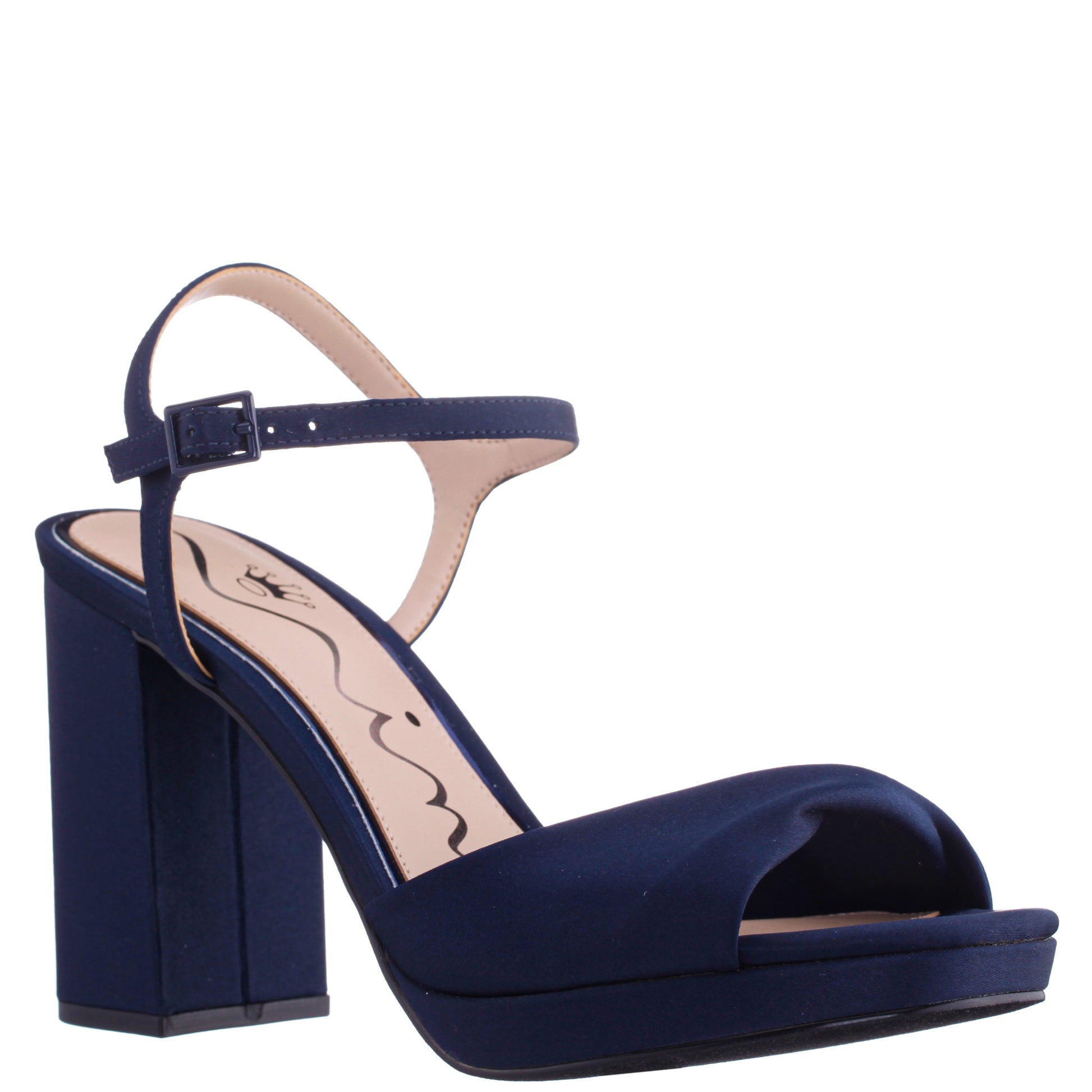 Suzon Navy Satin Block Mid-Heel Platform Sandal | Nina Shoes