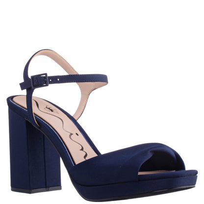 Suzon Navy Satin Block Mid-Heel Platform Sandal | Nina Shoes