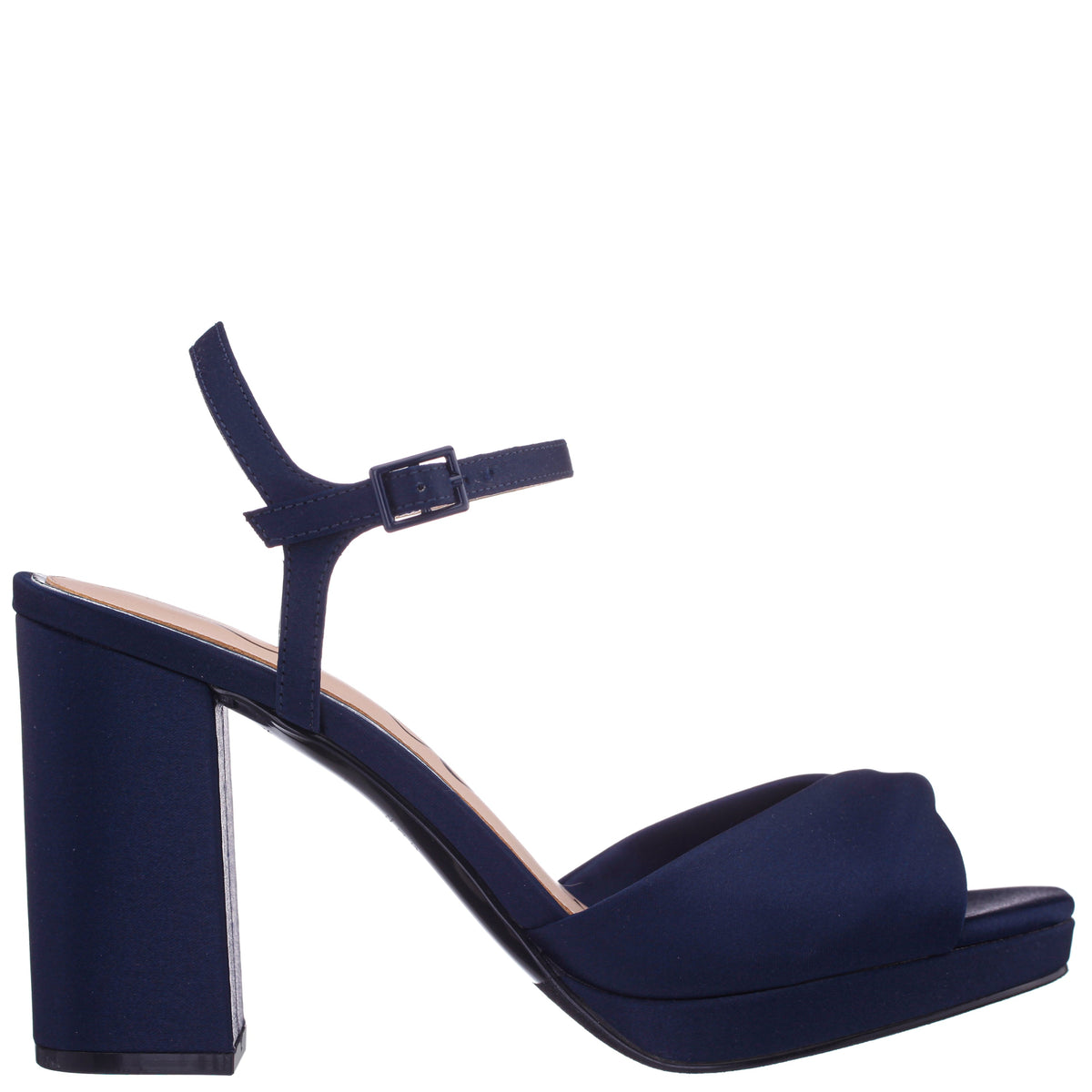 Suzon Navy Satin Block Mid-Heel Platform Sandal | Nina Shoes
