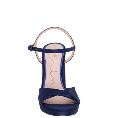 Suzon Navy Satin Block Mid-Heel Platform Sandal | Nina Shoes