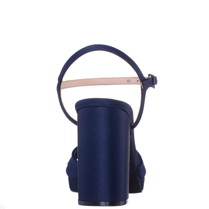 Suzon Navy Satin Block Mid-Heel Platform Sandal | Nina Shoes