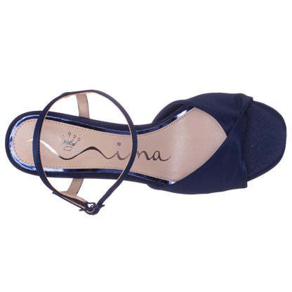 Suzon Navy Satin Block Mid-Heel Platform Sandal | Nina Shoes
