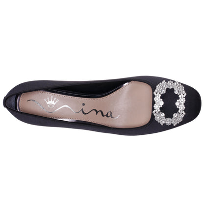 Giovia Black Satin Block Heel Pump | Nina Shoes