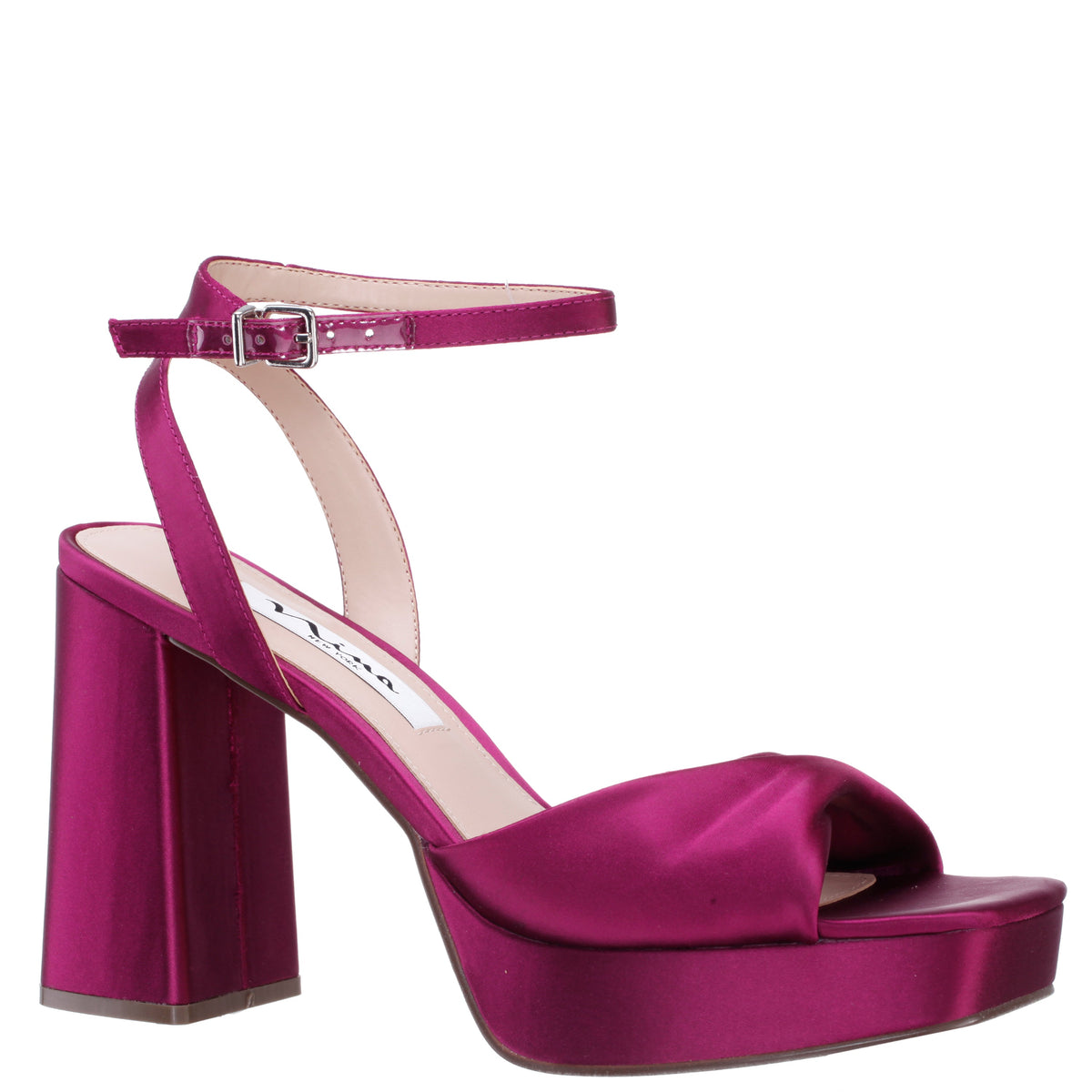 Stacie Red Satin Block-Heel Platform Sandals with Twist-Front and Ankle-Strap | Nina Shoes
