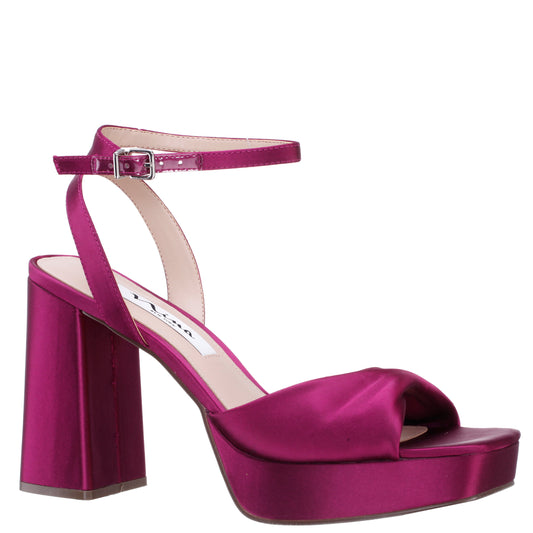 Stacie Red Satin Block-Heel Platform Sandals with Twist-Front and Ankle-Strap | Nina Shoes