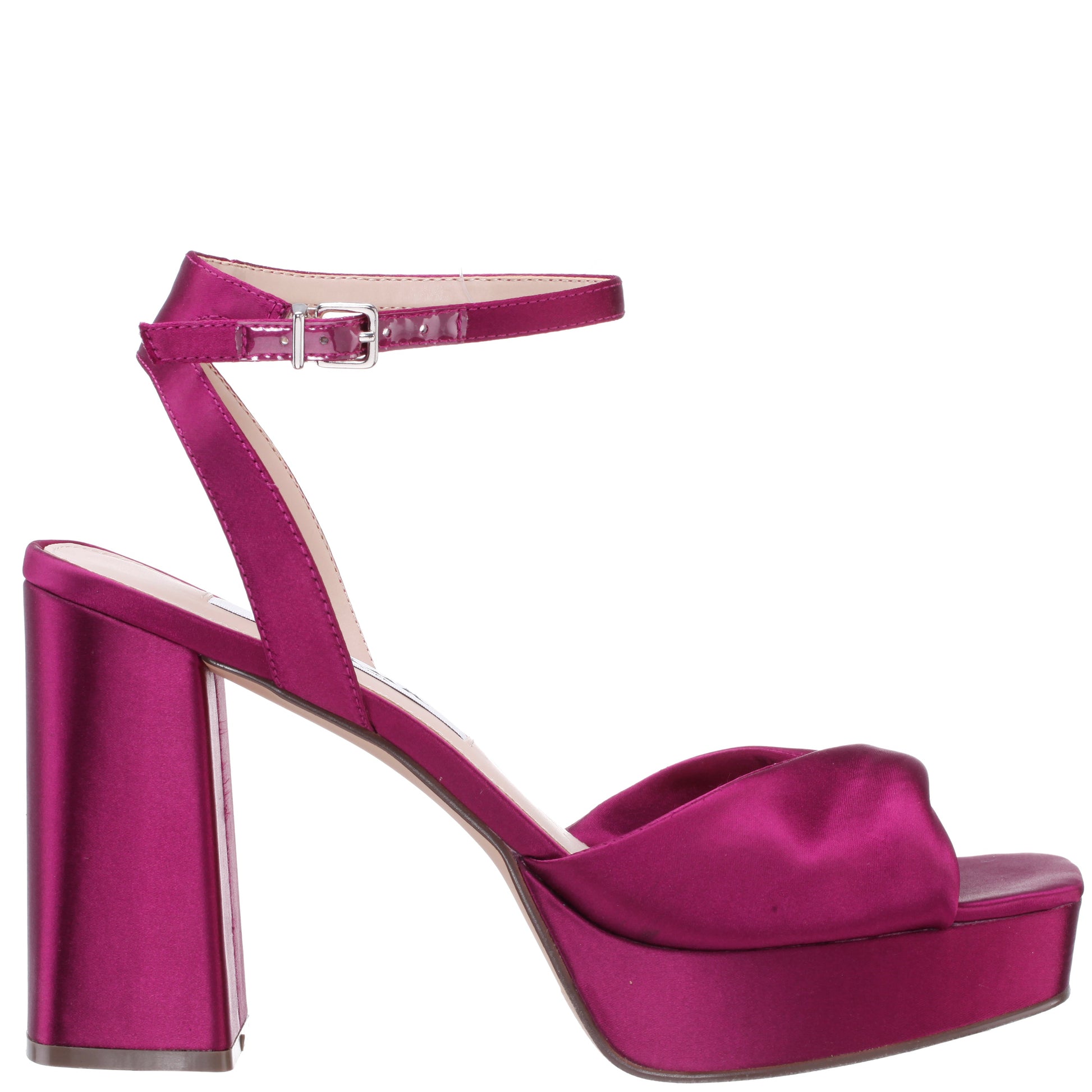 Stacie Red Satin Block-Heel Platform Sandals with Twist-Front and Ankle-Strap | Nina Shoes