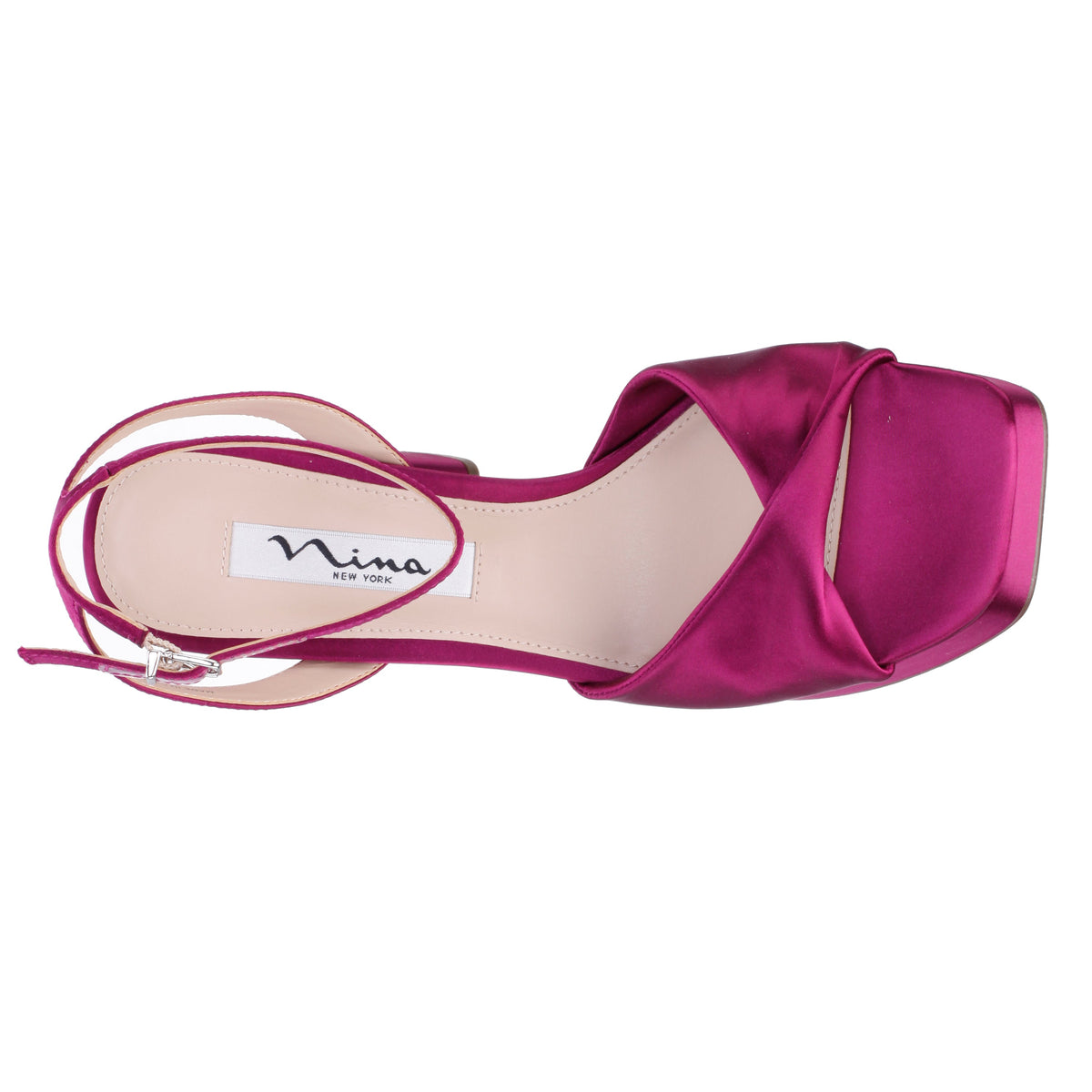 Stacie Red Satin Block-Heel Platform Sandals with Twist-Front and Ankle-Strap | Nina Shoes