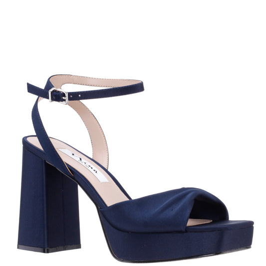 Stacie Blue Satin Block-Heel Platform Sandals with Twist-Front and Ankle-Strap | Nina Shoes