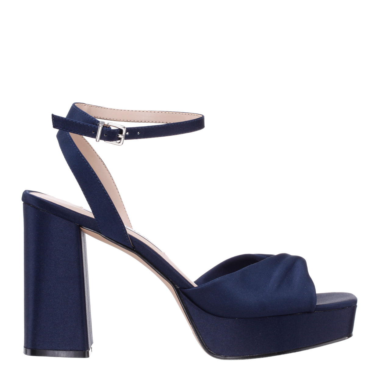 Stacie Blue Satin Block-Heel Platform Sandals with Twist-Front and Ankle-Strap | Nina Shoes