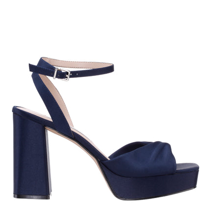 Stacie Blue Satin Block-Heel Platform Sandals with Twist-Front and Ankle-Strap | Nina Shoes