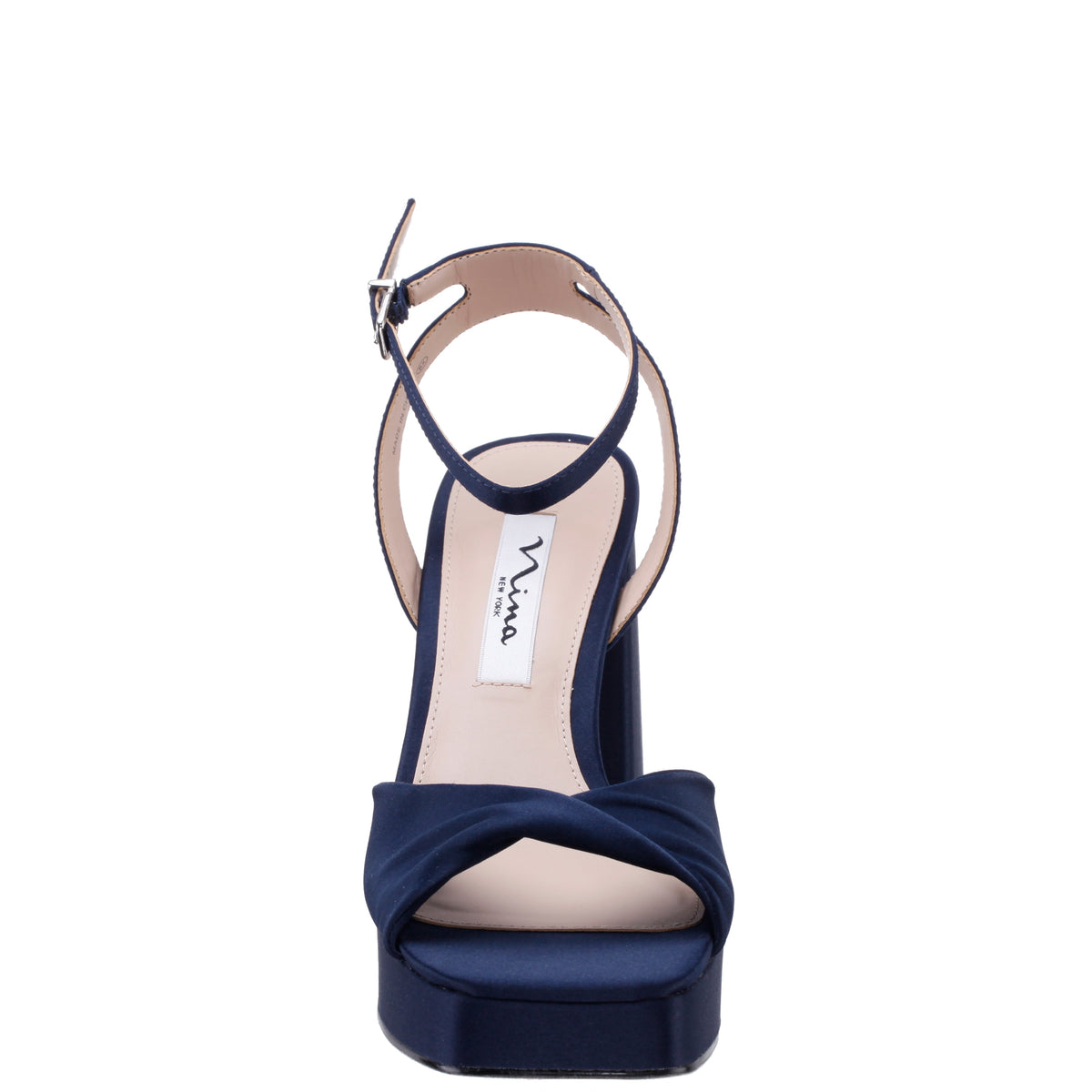 Stacie Blue Satin Block-Heel Platform Sandals with Twist-Front and Ankle-Strap | Nina Shoes