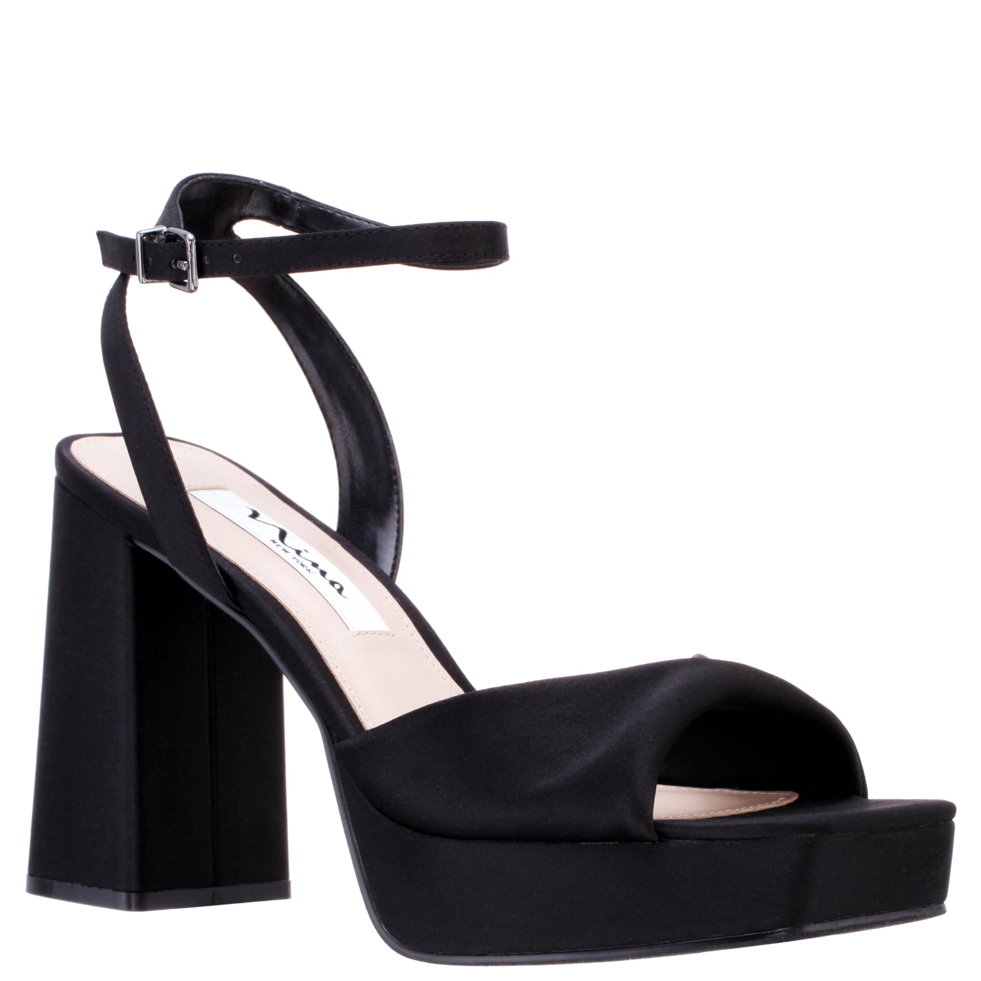 Stacie Black Satin Block-Heel Platform Sandals with Twist-Front and Ankle-Strap | Nina Shoes