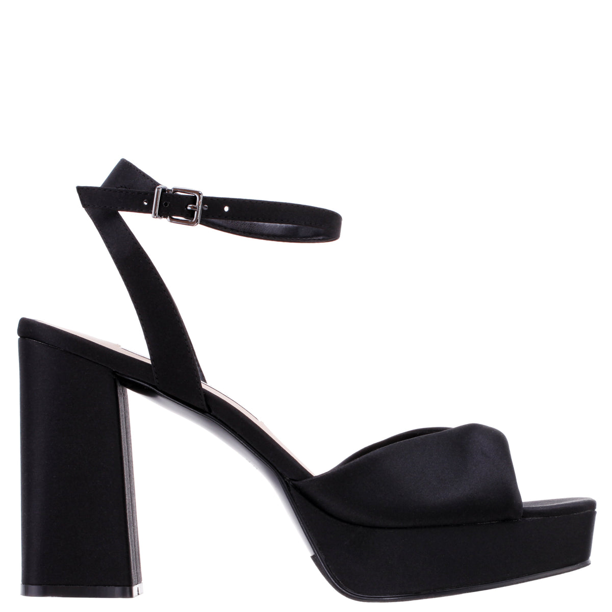 Stacie Black Satin Block-Heel Platform Sandals with Twist-Front and Ankle-Strap | Nina Shoes