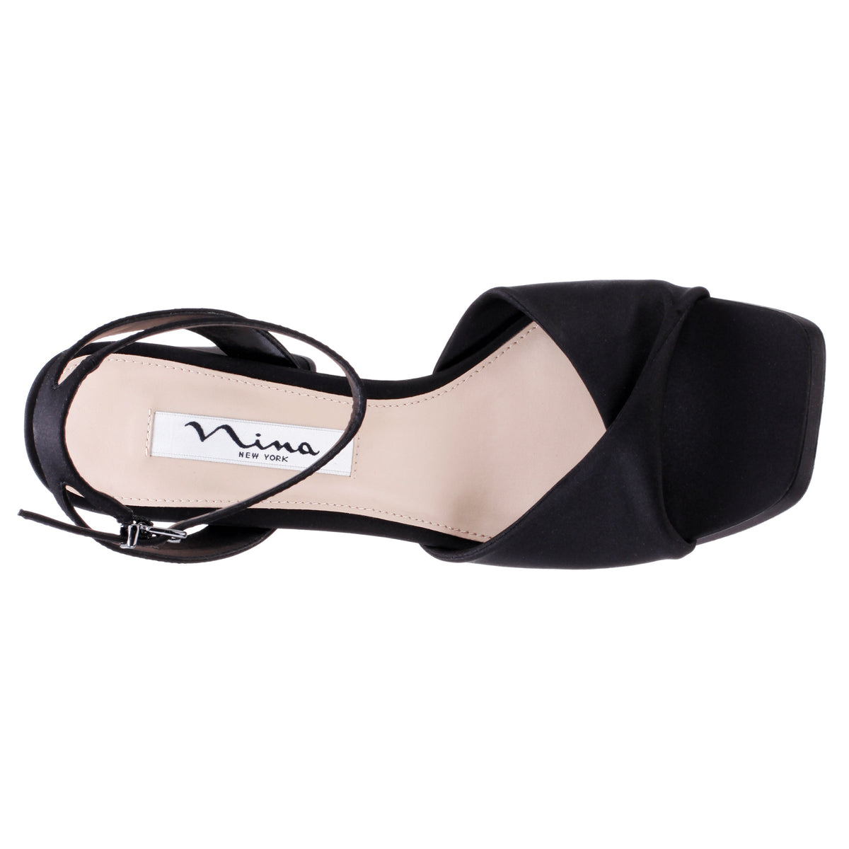 Stacie Black Satin Block-Heel Platform Sandals with Twist-Front and Ankle-Strap | Nina Shoes