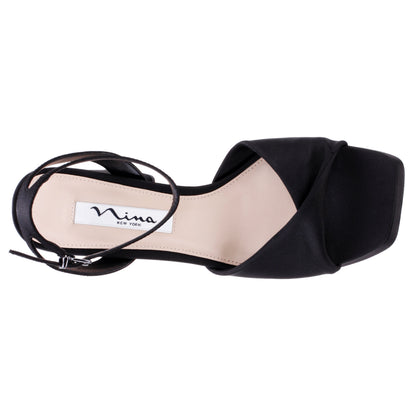 Stacie Black Satin Block-Heel Platform Sandals with Twist-Front and Ankle-Strap | Nina Shoes