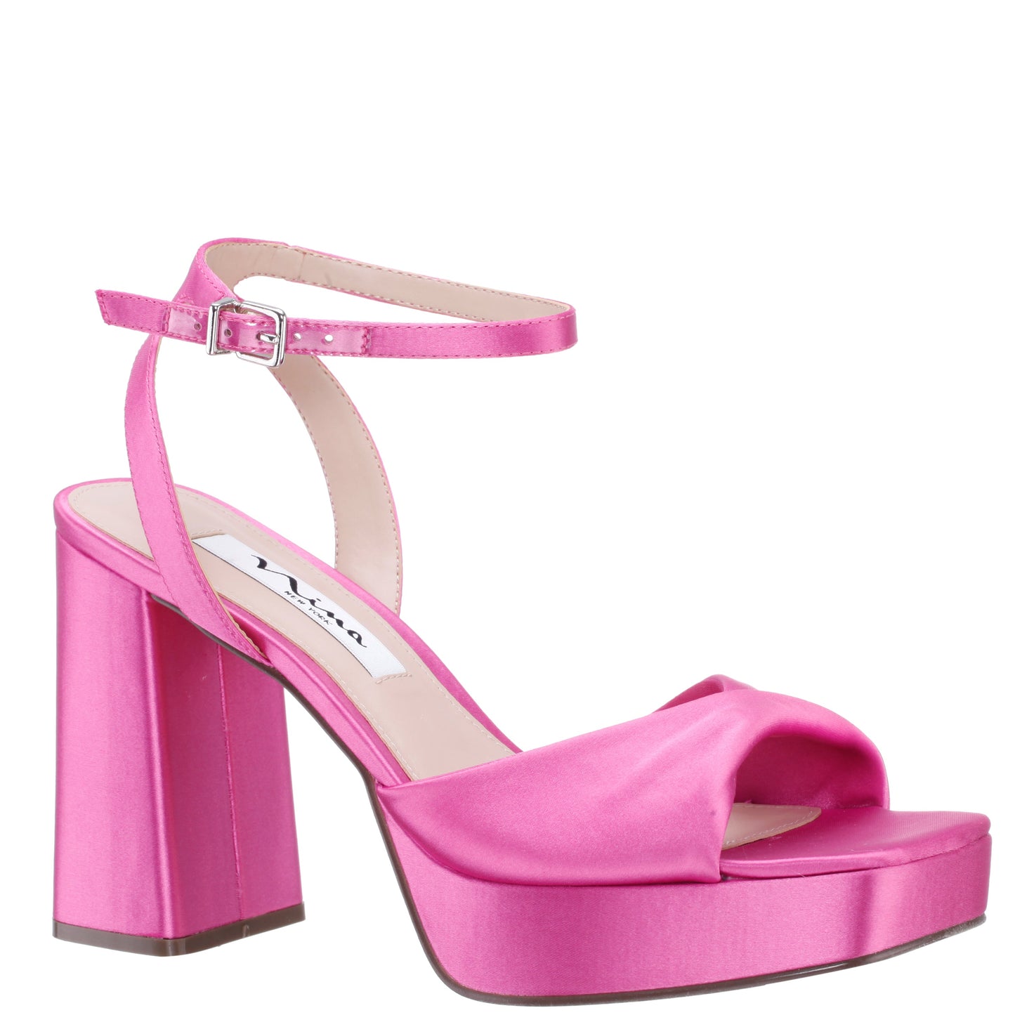 Stacie Pink Satin Block-Heel Platform Sandals with Twist-Front and Ankle-Strap | Nina Shoes