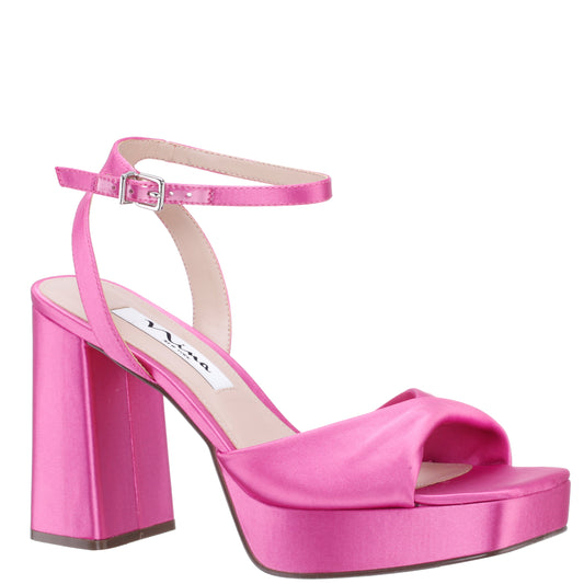 Stacie Pink Satin Block-Heel Platform Sandals with Twist-Front and Ankle-Strap | Nina Shoes