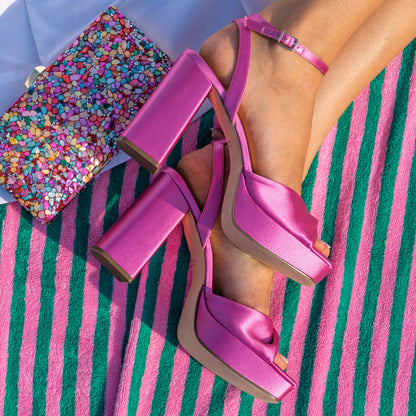 Stacie Pink Satin Block-Heel Platform Sandals with Twist-Front and Ankle-Strap | Nina Shoes