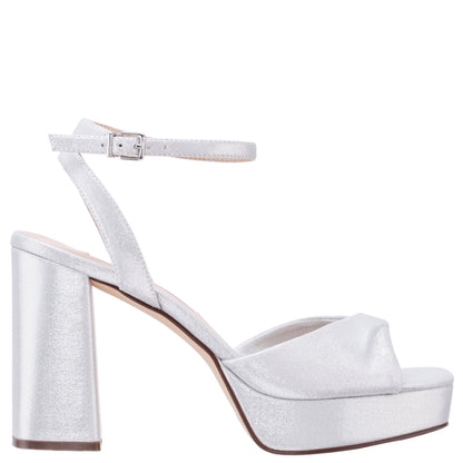 Stacie True Silver Metallic Suedette Block-Heel Platform Sandals with Twist-Front and Ankle-Strap | Nina Shoes