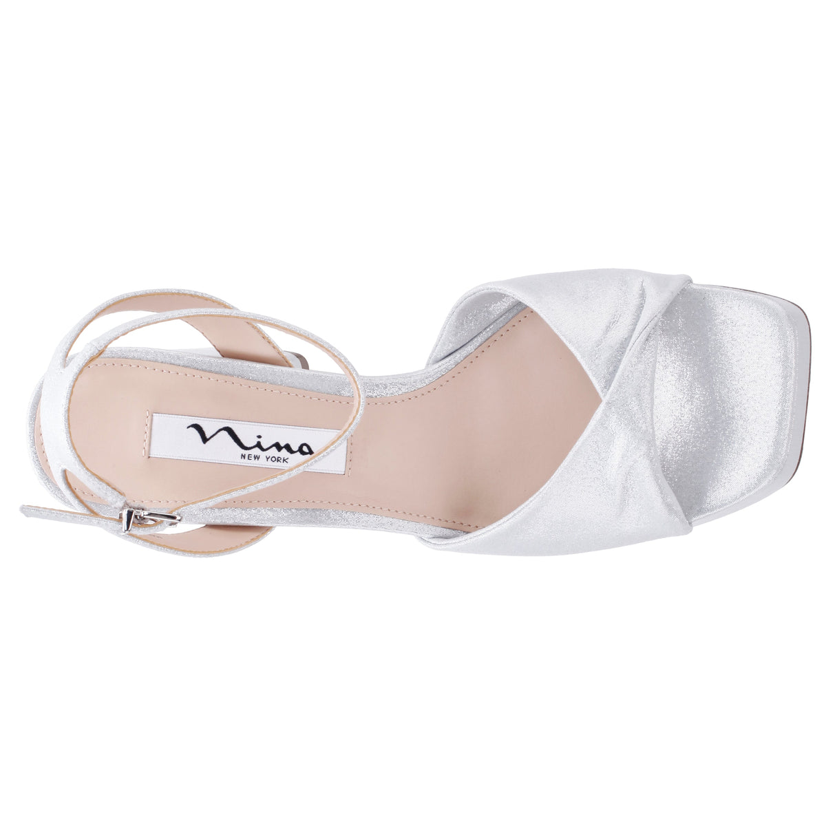 Stacie True Silver Metallic Suedette Block-Heel Platform Sandals with Twist-Front and Ankle-Strap | Nina Shoes