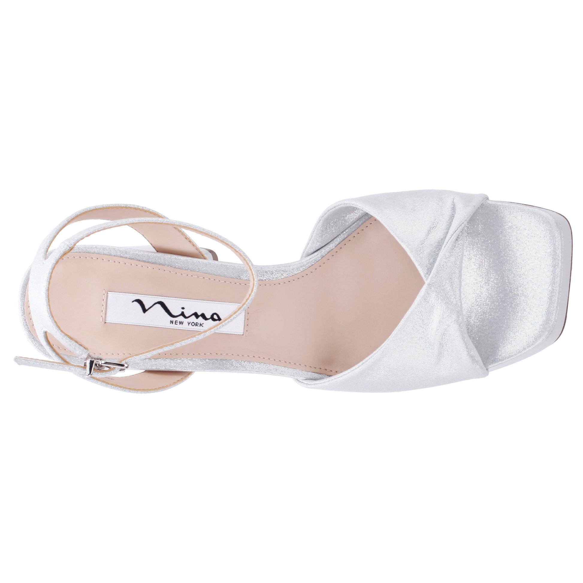 Stacie True Silver Metallic Suedette Block-Heel Platform Sandals with Twist-Front and Ankle-Strap | Nina Shoes