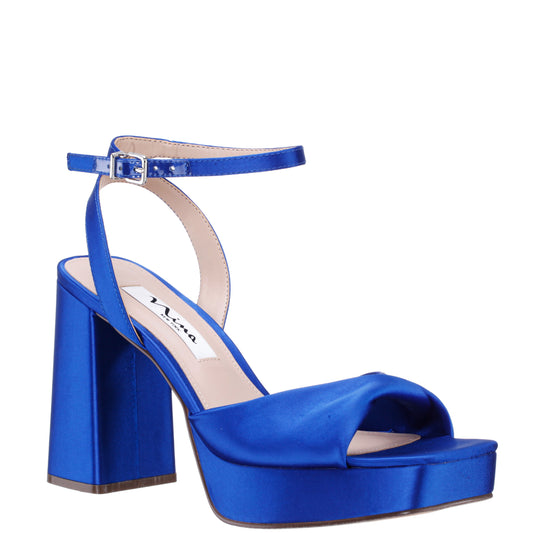 Stacie Blue Satin Block-Heel Platform Sandals with Twist-Front and Ankle-Strap | Nina Shoes