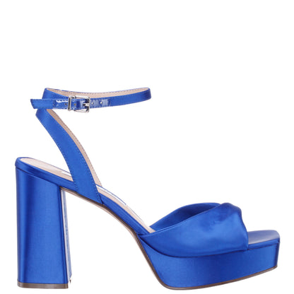 Stacie Blue Satin Block-Heel Platform Sandals with Twist-Front and Ankle-Strap | Nina Shoes
