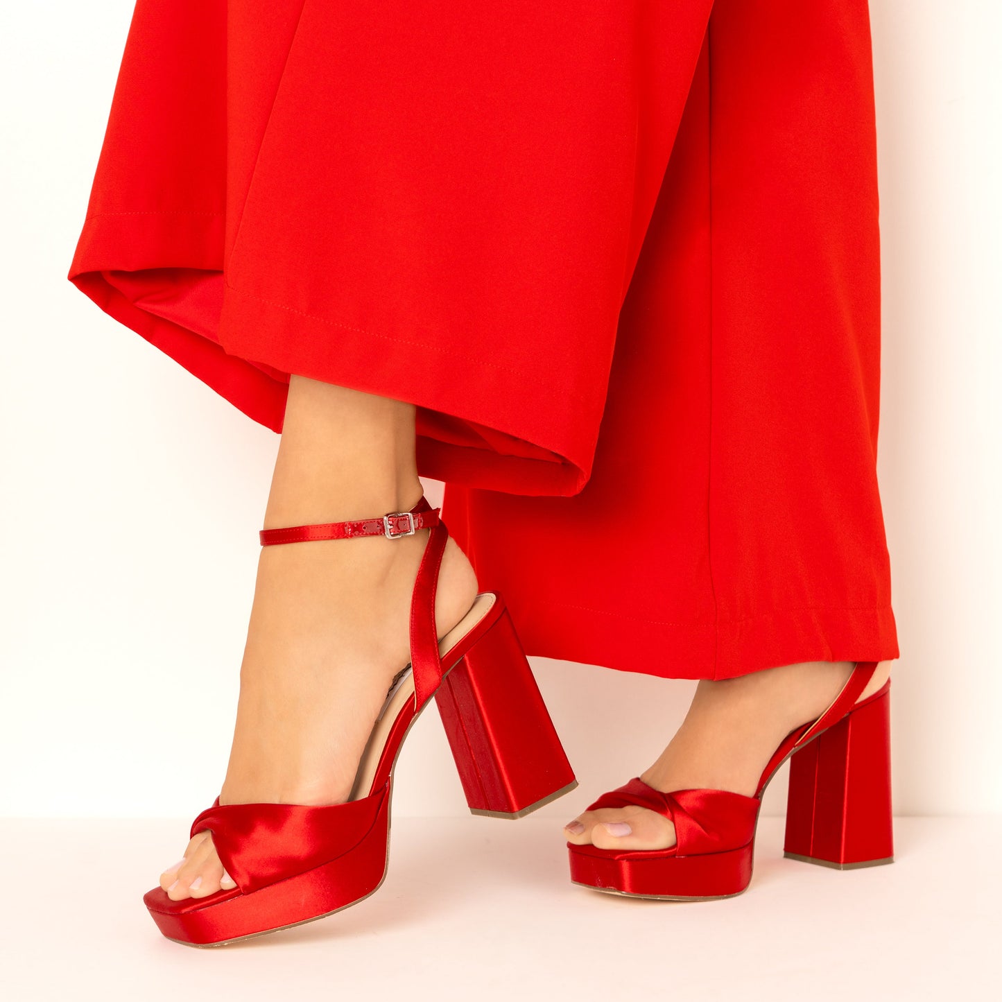 Stacie Red Satin Block-Heel Platform Sandals with Twist-Front and Ankle-Strap | Nina Shoes