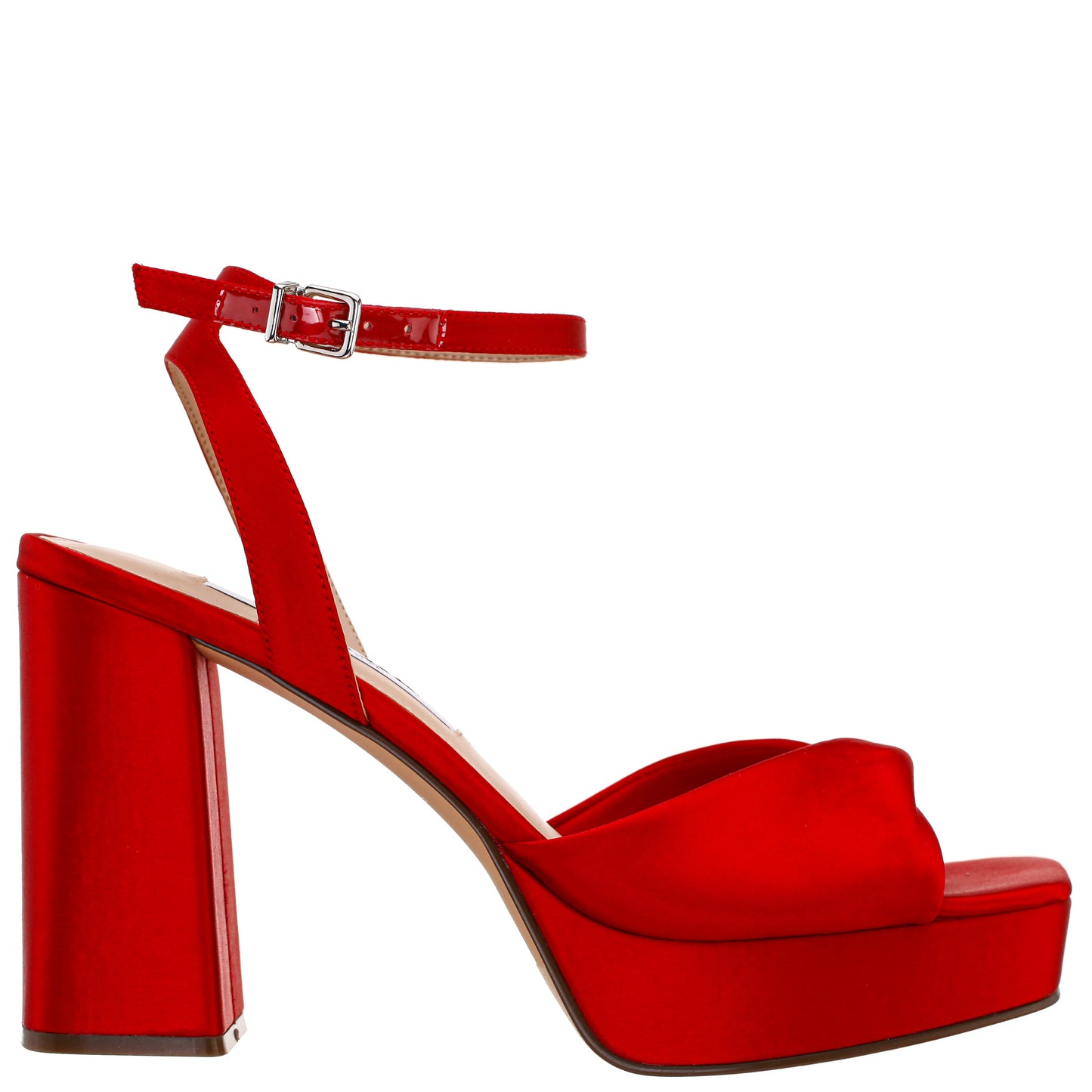 Stacie Red Satin Block-Heel Platform Sandals with Twist-Front and Ankle-Strap | Nina Shoes