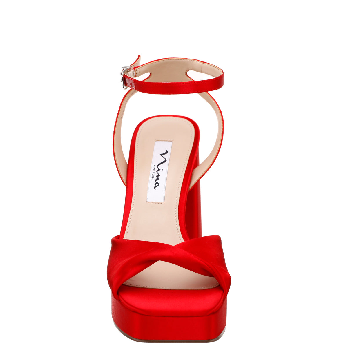 Stacie Red Satin Block-Heel Platform Sandals with Twist-Front and Ankle-Strap | Nina Shoes