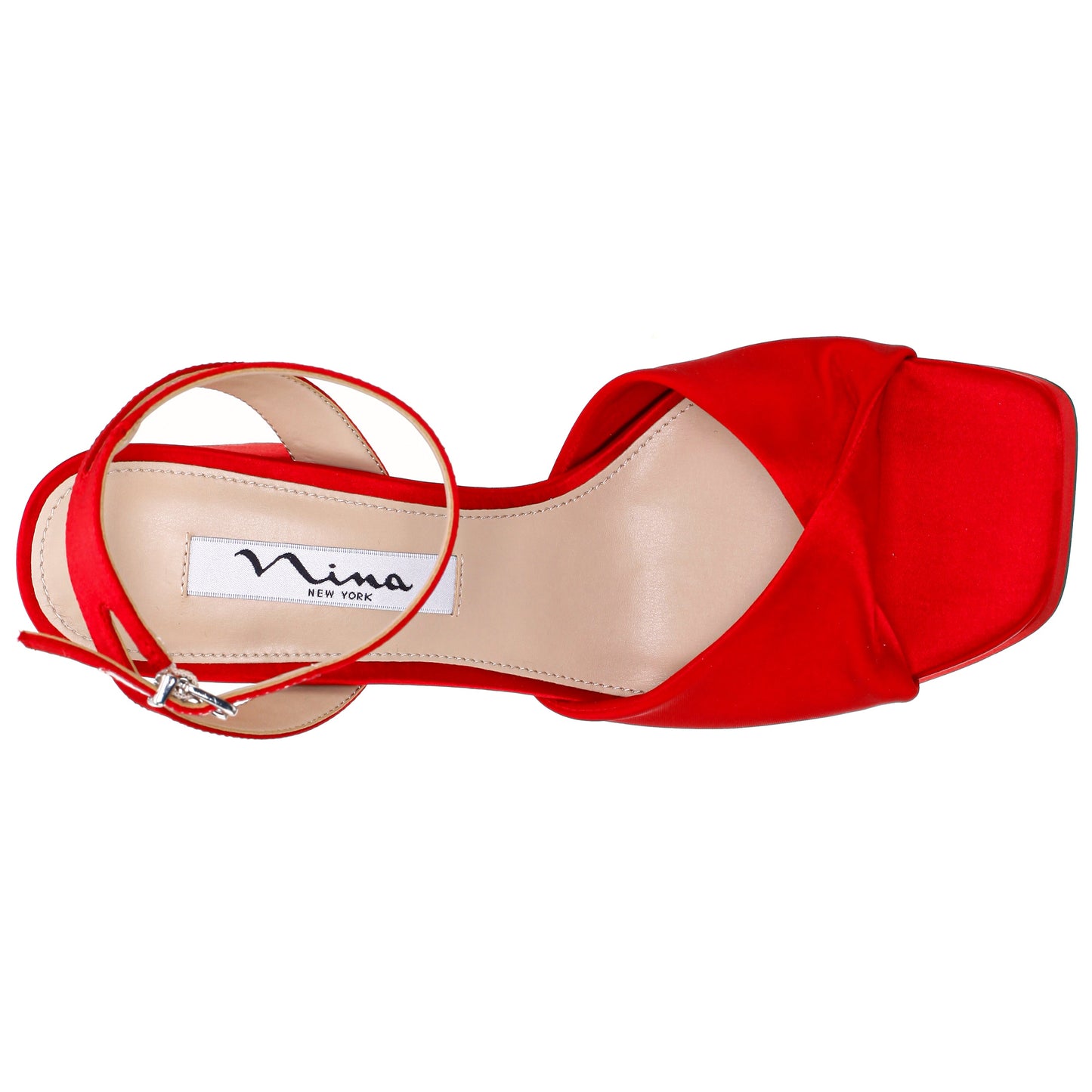 Stacie Red Satin Block-Heel Platform Sandals with Twist-Front and Ankle-Strap | Nina Shoes