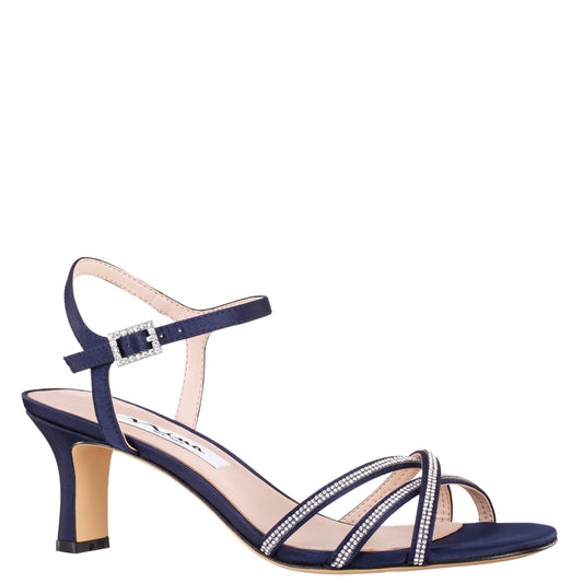 Bobby Navy Satin Mid-Heel Sandals with Ankle-Strap | Nina Shoes