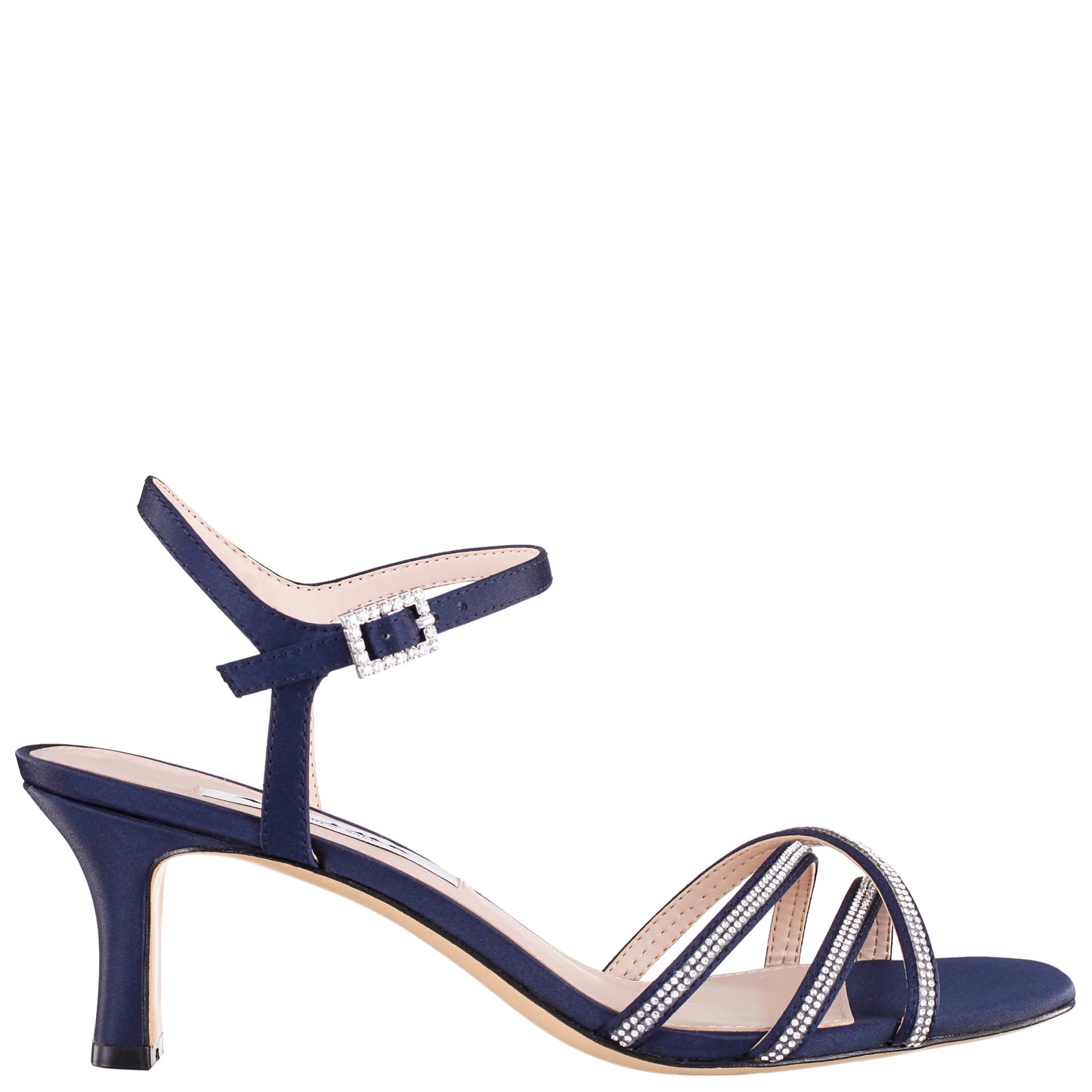 Bobby Navy Satin Mid-Heel Sandals with Ankle-Strap | Nina Shoes